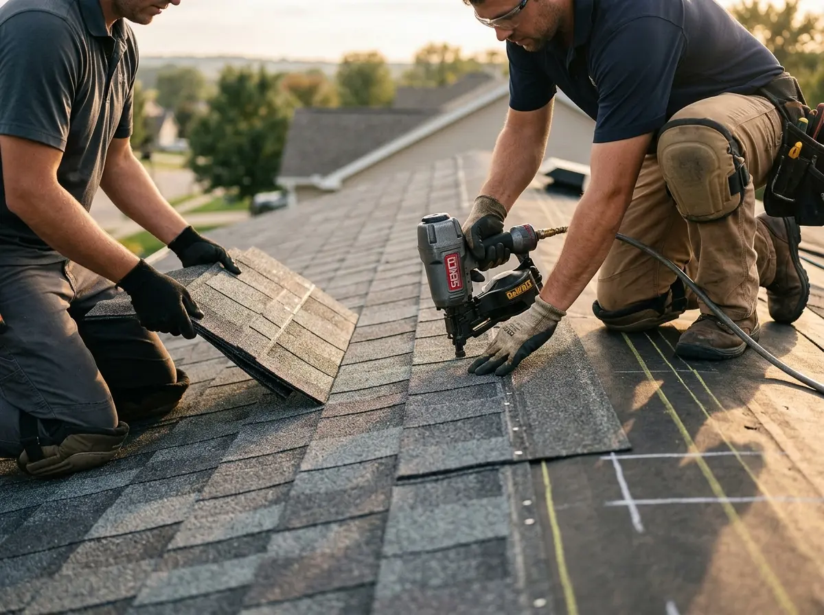 Professional roofer working on a residential roof in South Fulton
